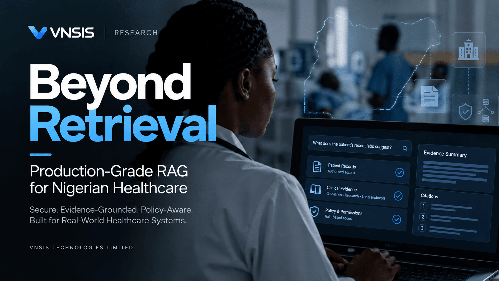 Illustrated cover showing a healthcare professional reviewing an evidence-based RAG interface, with the title Beyond Retrieval and an outline of Nigeria.